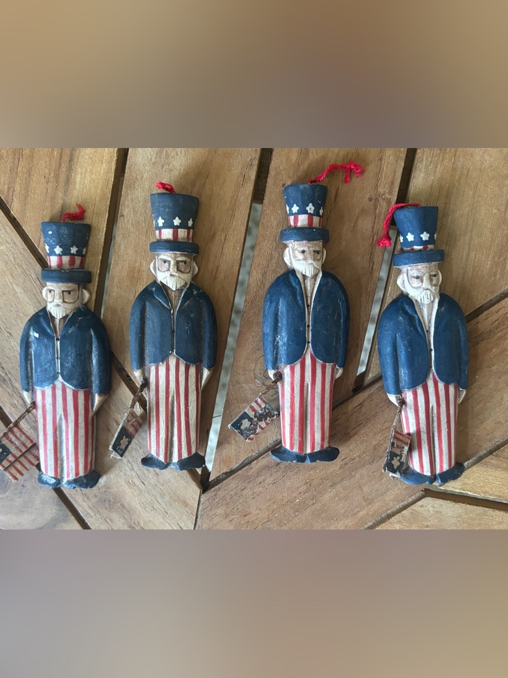4 Vintage Uncle Sam Handmade Wooden Ornaments Primitive Americana